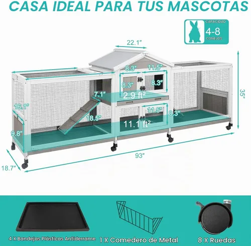 Vista 2 de Ketive - Conejera de 2 niveles con ruedas de 93 pulgadas de largo, jaula para animales pequeños