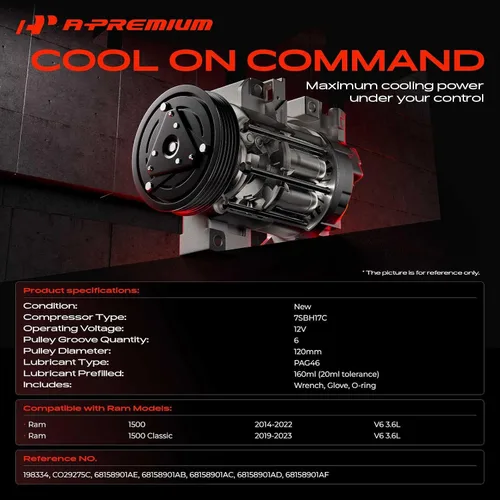 Vista 2 de A-Premium Compresor de Aire Acondicionado AC con Embrague Compatible con Ram 1500 3.6L 2014-2018, 1500 Classic 3.6L 2019-2022