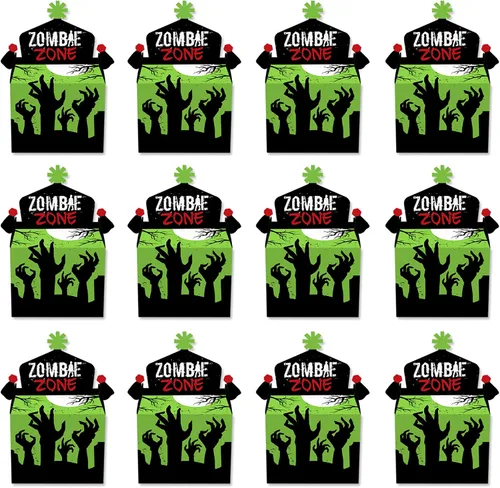 Vista 4 de Big Dot of Happiness Zombie Zone - Caja de golosinas para fiestas - Halloween o cumpleaños Zombie Crawl Party Goodie Gable Boxes - Juego de 12