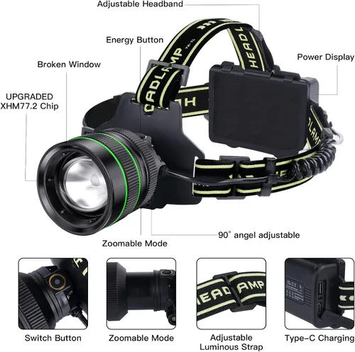 Vista 6 de Linterna frontal recargable LED súper brillante de 2000 lúmenes, lámpara de cabeza con zoom con 5 modos de iluminación, ajustable a 90° e