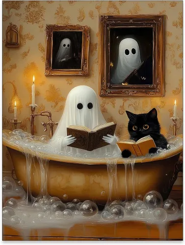 Vista 34 de Lienzo enmarcado negro para pared, póster de Halloween Dark Academia, pintura de gato negro, fantasma en la bañera, imágenes góticas de terror