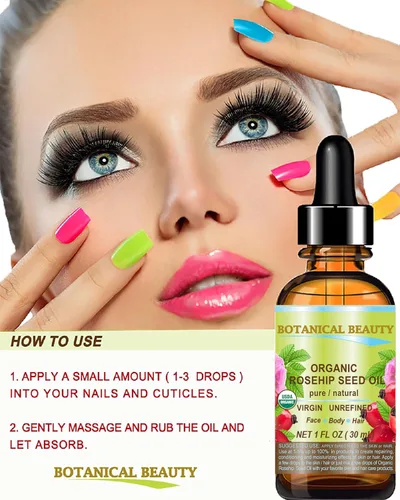 Vista 4 de Botanical Beauty Aceite de semilla de rosa orgánico 100% puro, natural, virgen, sin refinar, aceite portador prensado en frío para cara, piel