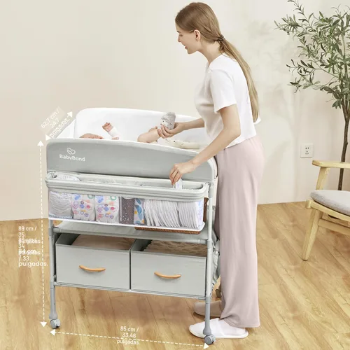 Vista 4 de BabyBond Cambiador portátil para bebé con 2 cestas de almacenamiento, cambiador plegable cómoda cambiador de pañales, estación de cambio ajustable