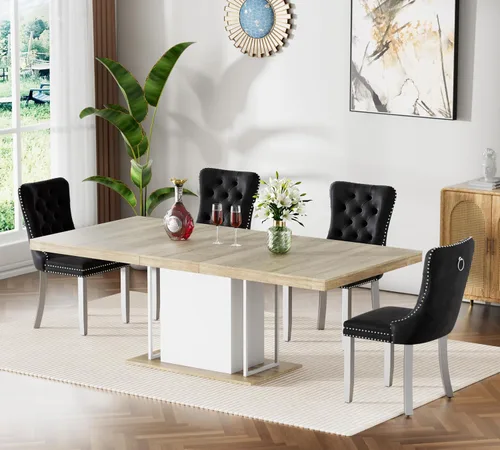 Vista 61 de Mesa de comedor extensible de 78.74 pulgadas para 6 8 y 10 pulgadas, moderna mesa de comedor extensible de granja con base de doble pedestal, mesa