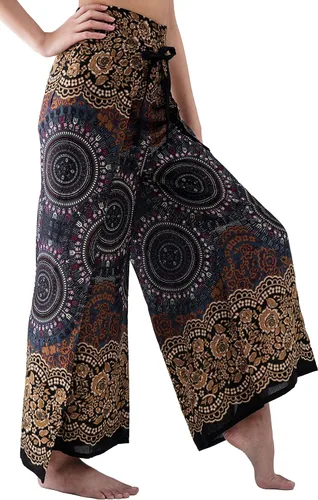 Vista 3 de B BANGKOK PANTS Pantalones estilo bohemio palazzo para mujer, pierna ancha, para yoga, con lazo en la cintura
