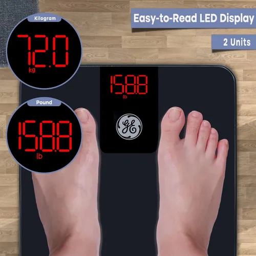 Vista 2 de GE Báscula digital para el baño para pesarse, báscula inteligente Bluetooth para peso corporal y IMC, báscula electrónica negra para baño y hogar