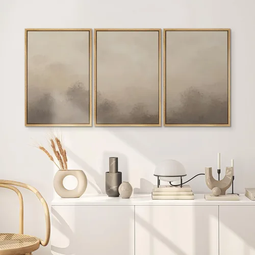 Vista 163 de SIGNWIN Lienzo enmarcado para pared, juego de arte neutro de bosque brumoso, ilustraciones en tono tierra, arte moderno, decorativo, bohemio