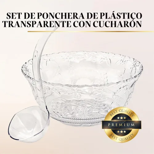 Vista 2 de Juego de cuencos grandes de plástico transparente con cucharón, cuenco de servir de 8 cuartos de galón para fiestas, cuchara de plástico