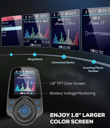 Vista 8 de Nulaxy [Versión mejorada 2026 KM18] Adaptador de coche 48 W Bluetooth 5.4 con pantalla a color de 1.8", Transmisor de radio FM inalámbrico con 2