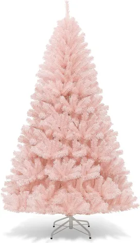 Vista 9 de Goplus Árbol de Navidad artificial preiluminado rosa de 6 pies, árbol de Navidad artificial con bisagras con nieve artificial con 808 puntas