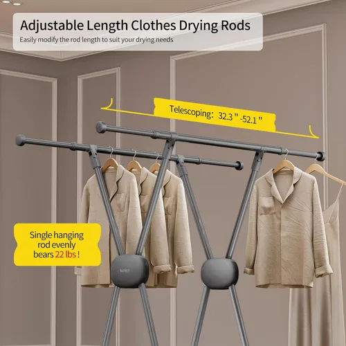 Vista 3 de BIREN Estante de secado de ropa resistente, estante plegable para ropa sucia, dos modos de secado, estantes para secar ropa, longitud ajustable