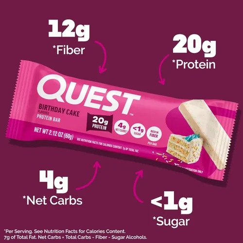 Vista 4 de Barras de proteínas Quest Nutrition Pastel de Cumpleaños, 20g de proteína, 1g de azúcar, 4g de carbohidratos netos, sin gluten, aptas para ceto, 12