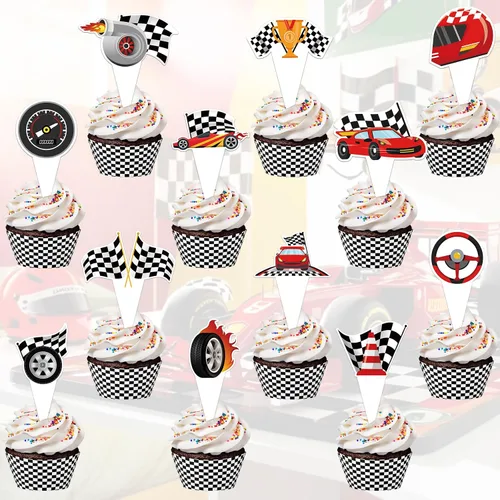 Vista 9 de 48 paquetes de toppers y envolturas de cupcakes de coche de carreras, decoración de pastel de fiesta de carreras con temática de carreras y cuadros