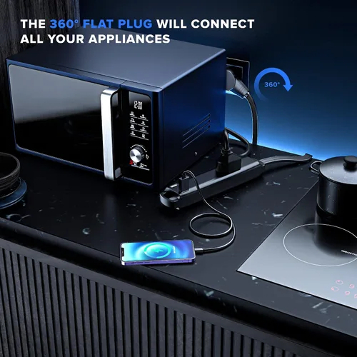 Vista 6 de Maximm Cable de extensión de 1 pie con puertos USB, enchufe plano giratorio 360, 3 salidas (2 puertos USB), conectado a tierra (negro)