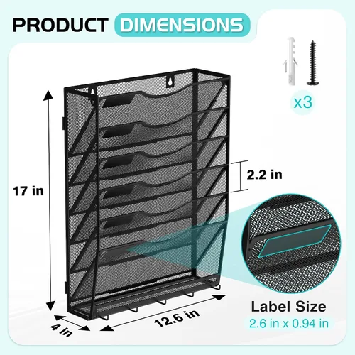 Vista 2 de Delifox Organizador de archivos de pared de 7 niveles, soporte para archivos de pared, organizador de carpetas de papel de montaje en pared