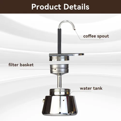 Vista 3 de Tissting Estufa de boquilla individual Moka Pot de acero inoxidable, cafetera de espresso, mini estufa de café expreso tipo italiano, cafetera