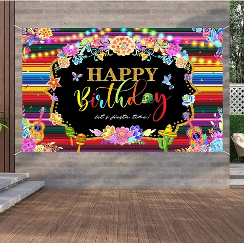 Vista 4 de Fondo de fotografía de fondo de fiesta mexicana para fiesta de cumpleaños feliz cumpleaños suministros de fiesta carnaval banderas coloridas banner