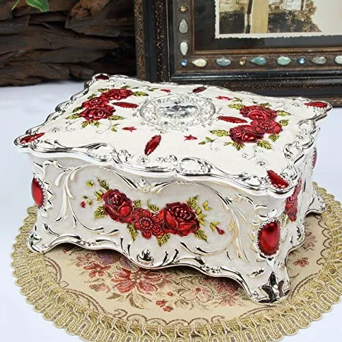 Vista 7 de AVESON Joyero rectangular de aleación de metal de lujo vintage con patrón de rosas para mujeres, niñas, diseño de dos capas, blanco y rojo, grande