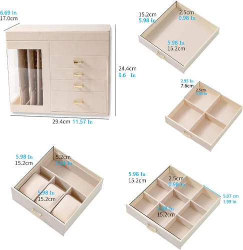Vista 8 de GUKA Joyero organizador con espejo, caja de joyería de 5 capas con 4 cajones para collares, pulseras, reloj, anillos y aretes, almacenamiento grande