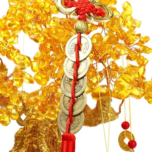 Vista 7 de Árbol del dinero de Feng Shui, árbol de la suerte de cuarzo amarillo, parte inferior con lingote dorado con base de sándalo giratoria, decoración