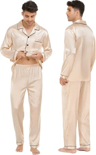 Vista 3 de SWOMOG Conjunto de pijama a juego para parejas, de satén de seda, con botones, ropa de dormir de manga larga, 2 piezas