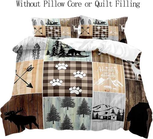 Vista 2 de LUVIVIHOME 2 piezas de funda de edredón con diseño de osos, alces y ciervos en negro, juego de cama individual, ropa de cama rústica de estilo La