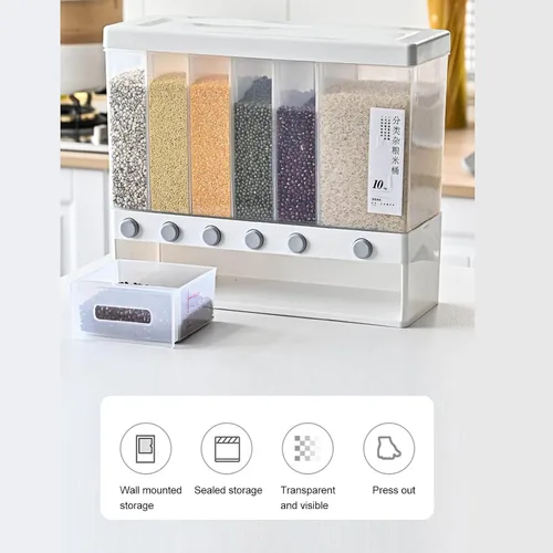Vista 5 de Dispensador de arroz, dispensador de alimentos secos de 6 rejillas montado en la pared, recipientes grandes de almacenamiento de cereales secos