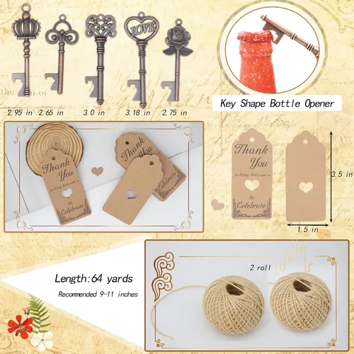 Vista 2 de Aokbean 100 piezas de regalos de fiesta de boda para invitados, abridor de botellas con llave de esqueleto mixto con tarjetas de agradecimiento