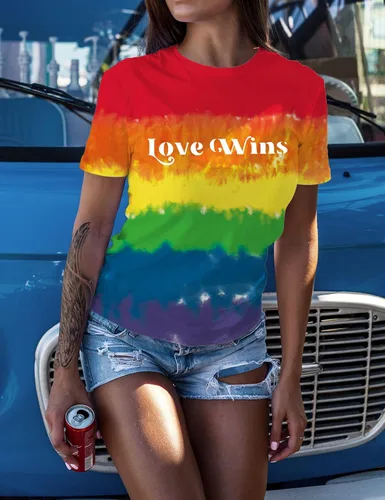 Vista 4 de Camiseta de manga corta con estampado de arcoíris para mujer, diseño de orgullo gay, LGBT