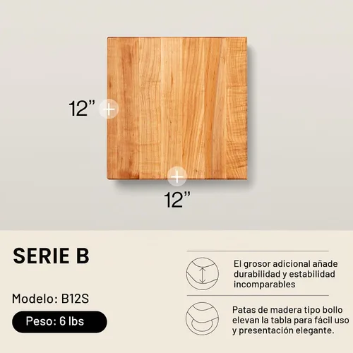 Vista 2 de John Boos Tabla de Cortar Cuadrada de Madera de Arce Serie B 12"x12" – 1.5" de Espesor, 6 libras Bloque de Carnicero No Reversible con Patas Arce