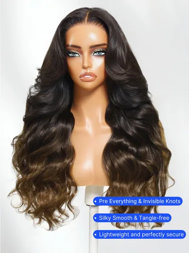 Vista 7 de Nadula Peluca Precortada 13x4 HD Ondas Sueltas Castaño Ombré Marrón con Cordón Cabello Humano con Flequillo Face Framing, Peluca Frontal de Encaje