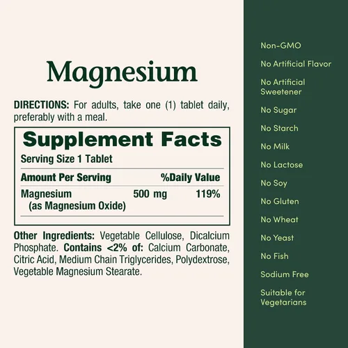 Vista 5 de Nature's Bounty Tabletas de magnesio de 500 mg, suplemento de magnesio de alta potencia para la salud ósea y muscular, apoyo para todo el cuerpo