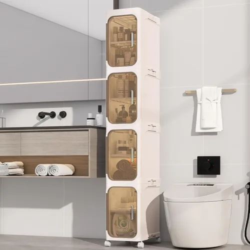 Vista 15 de KHNR Armario de almacenamiento de baño delgado de 2 niveles, gabinetes de almacenamiento plegables, almacenamiento de baño estrecho, organizador