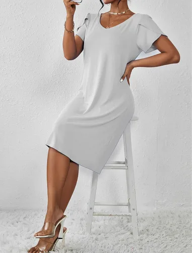 Vista 7 de Ekouaer Camisón de manga corta para mujer, cuello en V, camisón de enfermería, mangas de pétalo, vestido de camiseta S-XXL