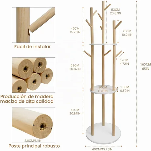 Vista 3 de LIWSHWZ Perchero de madera maciza independiente, perchero con 3 estantes y 9 ganchos, árbol de pasillo para dormitorio, entrada, sala de estar