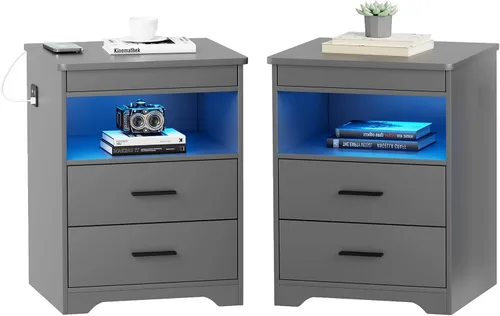 Vista 11 de 2 Set LED Nightstand with Charger Station & Gun Drawer & Auto Sensor, Black Negro juego de 2