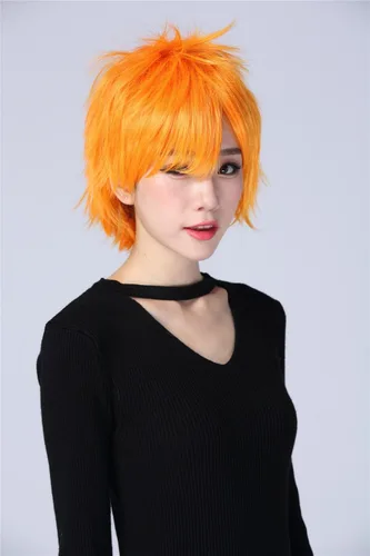 Vista 5 de Bleach Kurosaki Ichigo Traje Corto Naranja Partido Cosplay Pelucas, N