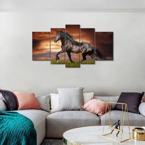Vista 3 de Arte de pared de 5 paneles negro Friesian Running Horse Trot en el campo al atardecer, hierba y flores, cuadros impresos en lienzo, animales