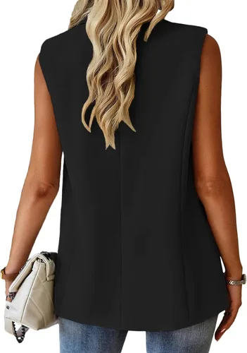Vista 5 de Mina self Chaqueta sin mangas para mujer, casual, ligera, color sólido, chaleco abierto al frente, cárdigan con solapa y bolsillos