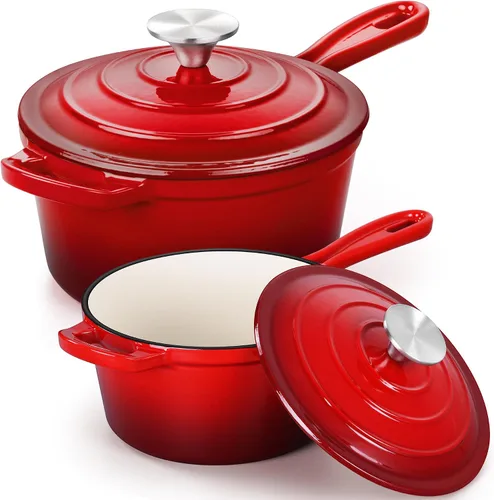 Vista 28 de E-far Sartén de hierro fundido esmaltado con tapa, cacerola de horno holandés de 1 cuarto de galón, mini olla para cocinar, hervir, saludable