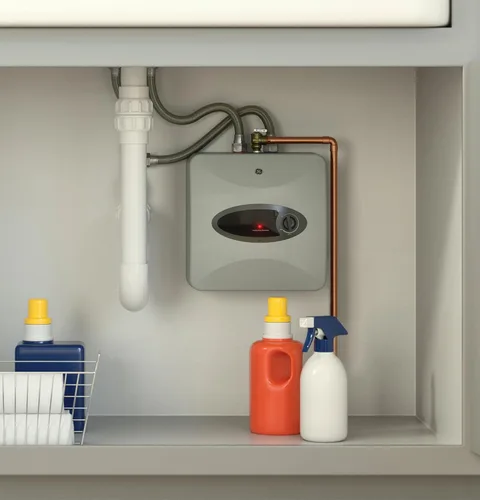 Vista 2 de GE Appliances 2.5 galones, calentador de agua de minitanque versátil con termostato ajustable, se instala fácilmente debajo del fregadero, 120v