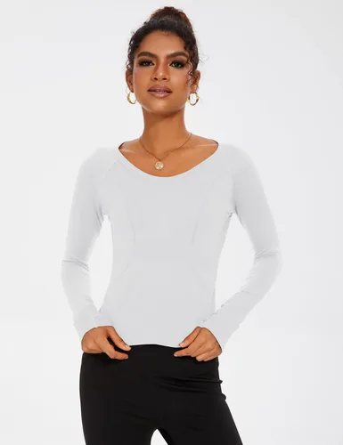 Vista 5 de LUYAA Camisetas cortas de entrenamiento para mujer, de manga larga, para gimnasio, atlética, de compresión, ajustadas, básicas