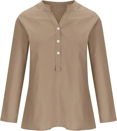 Vista 4 de Camisas casuales de algodón y lino con cuello en V para mujer, camisas lisas bordadas con botones, holgadas de manga larga