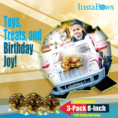 Vista 7 de Paquete de 3 lazos de regalo de organza dorada de 8 pulgadas, lazos grandes de cinta de encaje para envolver regalos, regalos de gran tamaño, autos