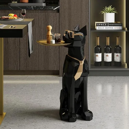 Vista 7 de homary Moderna escultura de perro de resina geométrica estatua de pie linda mesa auxiliar bandeja auxiliar con almacenamiento de pañuelos (negro)