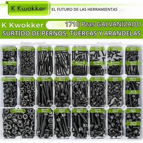 Vista 2 de Surtido de 1710 tornillos métricos M2 M3 M4, 21 tamaños de 0.157 in a 1.181 in mejorados de cabeza hexagonal chapada en zinc, tornillos y tuercas