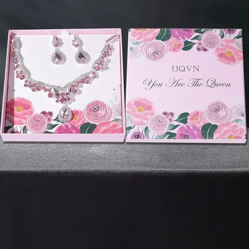 Vista 6 de Juego de joyas de oro y plata, rojo, esmeralda, rosa, negro, azul, regalo de joyería para novia, mamá, esposa, abuela, mujer, en boda, fiesta