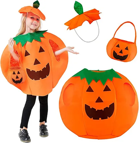 Vista 3 de Disfraz de calabaza de Halloween para niños conjunto de disfraz de calabaza y Halloween con bolsa de mano de calabaza y sombrero para fiesta