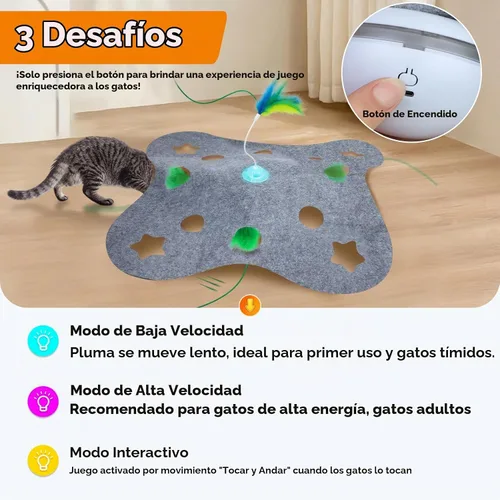Vista 4 de Giociv Juguetes interactivos para gatos de interior, juguetes de ejercicio giratorio con base de plumas, modo de activación táctil, cubierta