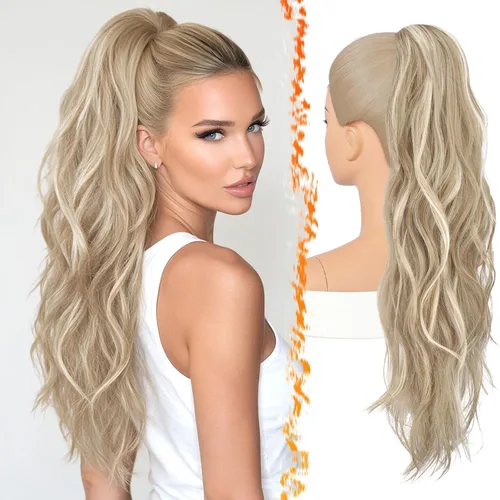 Vista 9 de BARSDAR 25 Inch Synthetic Dual Claw Clip Auburn Brown Loose Wavy Ponytail